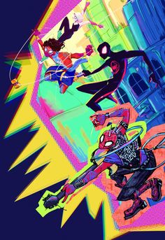 the spider - man and his friends are dancing together in front of a building with bright colors