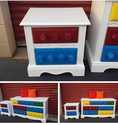 three different pictures of a toy chest made out of legos and other items in various colors