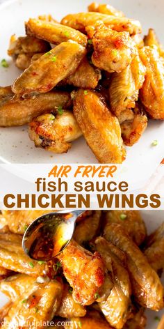 two plates with chicken wings on them and the words air fryer fish sauce written below