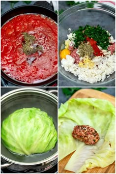 four pictures showing different types of food being cooked