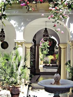 an archway with flowers hanging from it and a fountain in the middle surrounded by potted plants