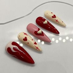 Thank you for checking out my store! I hope you find a style you're looking for here Red Pink And White Nails, Kewpie Nails, Cool Valentines Nails, Lovecore Nails, Nails With Little Heart, Red Hearts Nails, Red And Pink Nail Designs, I Love Me Nails, Nails Pink And Red