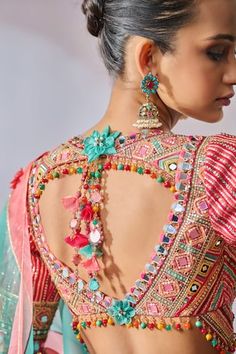 Multi colored phulkari embroidered hip yoke lehenga in a layered silhouette. Comes with multi colored phulkari embroidered blouse and color block dupatta. - Aza Fashions Bohemian Multicolor Blouse With Dupatta, Reception Sharara With Multicolor Motifs, Multicolor Blouse With Traditional Drape For Receptions, Multicolor Blouse With Dupatta For Reception, Multicolor Traditional Drape Blouse For Reception, Traditional Drape Multicolor Blouse For Reception, Transitional Multicolor Sharara With Mirror Work, Bohemian Blouse Piece For Diwali Reception, Bohemian Festive Blouse For Reception