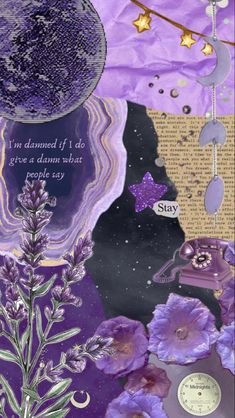 a collage of purple flowers and stars with a quote from the book, you can't diamond if i do