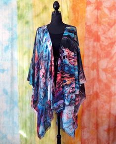 Original blue hosta cover up robe, colourful  abstract botanical art to wear kimono drape, unique artsy poncho shawl wearable art Abstract Botanical Art, Blue Hosta, Batik Painting, Cape Tops, Colourful Abstract, Poncho Shawl, Abstract Botanical, Poncho Style, Wrap Shawl