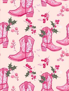 pink cowboy boots with holly and berries on a light pink background, seamless fabric