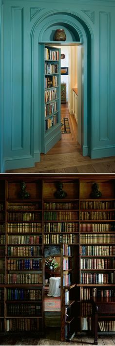 there are many books on the shelves in this room, and one is open to see what's inside