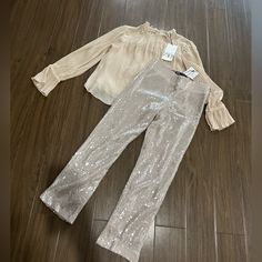 Zara Sequin Leggings And Tops Sequin Leggings, Zara Jumpsuit, Zara Pants, Pant Jumpsuit, Sequin, Pants For Women, Zara, Leggings, Cream