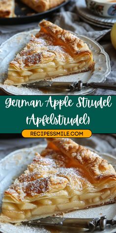 a close up of a slice of apple strudel pie on a white plate