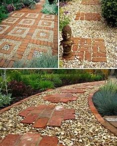 a brick path in the middle of a garden