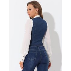 The sleeveless jean vest is an item timeless and on-trend, and it is an excellent slim-fit design to show your attractive and charming figure. The single-breasted denim waistcoat is versatile to match with a simple t-shirt or casual floral dress to build lady chic outfits. Pair it with a basic shirt or casual dress, sports shoes, boots, or sandals. Trendy Denim Blue Vest With Buttons, Trendy Dark Wash Denim Vest With Buttons, Fitted Chic Denim Vest, Sleeveless Denim Jacket With Buttons, Chic Fitted Denim Vest With Button Closure, Trendy Fitted Button-up Vest, Sleeveless Blue Denim Jacket With Buttons, Sleeveless Denim Blue Jacket With Buttons, Trendy Sleeveless Denim Jacket With Button Closure