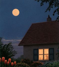 the moon is shining brightly in the night sky over a small house with tulips