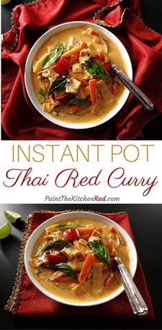 instant pot thai red curry with chicken and vegetables in a white bowl on a red cloth