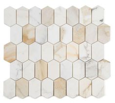 Zeta Calacatta Gold Polished Elongated Hexagon Marble Mosaic Tile-Marble Mosaic-American Tile Depot Mediterranean Mosaic Tile, Fancy Tile, Calacatta Gold Marble, Marble Polishing, Calacatta Gold, Marble Mosaic Tiles, Marble Surface, Grout Color, Hexagon Pattern