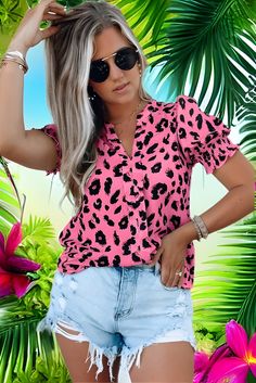 Make a bold statement in this fun Dark Pink Leopard Print V-Neck Bubble Sleeve Blouse. The lightweight silky fabric and on-trend bubble sleeves ensure you look and feel your best all day. Express your unique style with this wild and stylish design! Dark pink and black leopard print V-neck short sleeve blouse with bubble sleeves. Smocked sleeves are very stretchy and comfortable. Cool lightweight silky feel fabric. Polyester. This is a deeper dark pink color. Color will vary on different devices. Black Leopard Print, Silky Fabric, Bubble Sleeve, Pink Leopard Print, Black Leopard, Pink Leopard, Pink And Black, Short Sleeve Blouse, Dark Pink