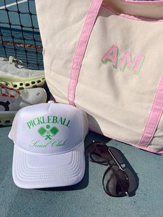 Who's apart of the pickleball social club?? Design is green and pick your hat color! Social Club Design, Club Design, Social Club, Pickleball, Trucker Hat, Hats, Green, Pink, White