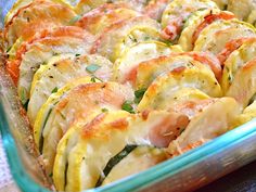 a casserole dish filled with different types of food