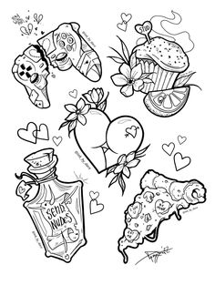 coloring pages for valentine's day with hearts, cupcakes and other items