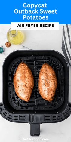 two air fryers sitting on top of a counter next to each other with the words copycat outback sweet potatoes