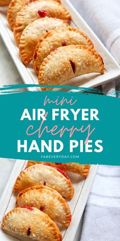 mini air fryer cherry hand pies on a white plate with text overlay