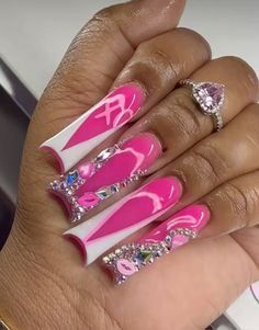 Extra Birthday Nails, Pink Nail Inspo, Fye Nails, Colored Acrylic Nails, Exotic Nails, Long Acrylic Nails Coffin