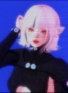 an animated image of a woman with white hair and blue eyes, wearing black clothing