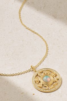 Part of the 'Icons' collection, Sydney Evan's necklace features so many meaningful symbols that the designer thoughtfully sows across her pieces. It's cast from 14-karat gold and set with tiny twinkling diamonds and a luminous opal at the center. Exquisite Yellow Gold Jewelry With Large Pendant, Exquisite Round Engraved Necklaces, Exquisite Round Engraved Necklace, Symbolic Diamond Medallion Necklace, Symbolic Diamond Round Pendant Necklace, Symbolic Round Pendant Diamond Necklace, Symbolic Diamond Necklace With Round Pendant, Exquisite Yellow Gold Necklace With Large Pendant, Symbolic Yellow Gold Gemstone Necklace