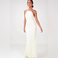 Lulu’s Zenith Cream Lace Halter Wedding Maxi Dress. In Excellent Condition, New With Tags. You've Reached The Pinnacle Of High Society When You Have An Occasion To Wear The Lulus Zenith Cream Lace Maxi Dress! A Darted, Scalloped Bodice Rises To Form A High Neckline With Adjustable Straps That Crisscross At Back. Grosgrain Ribbon Sash Tops A Flaring Mermaid Maxi Skirt. Hidden Back Zipper And Clasp. Fully Lined. Self: 60% Cotton, 40% Nylon. Lining: 100% Polyester. Approx. 59” From Adjustable Strap Wedding Maxi Dress, Mermaid Maxi Skirt, Halter Wedding, Halter Maxi Dress, Maxi Dress Wedding, Halter Maxi, High Society, Halter Maxi Dresses, Lace Maxi