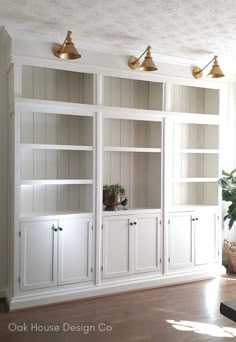 a living room with white bookcases and potted plants on the shelf above them