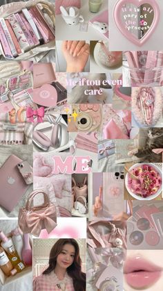 the collage shows pink and white items