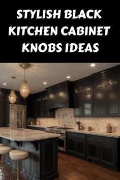 Stylish black kitchen cabinets with marble countertops and pendant lighting. Black Kitchen Cabinets Gold Handles, Kitchen Cabinets With Black Hardware, Black Lower Cabinets, Black Cabinet Knobs, Black Kitchen Cabinet, Dark Brown Cabinets, Black Knobs, Black Cabinet Hardware, Kitchen Games