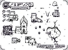 a black and white drawing of various items in the shape of a town with buildings