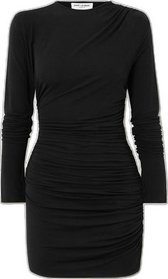 Flattering Black Elastane Mini Dress, Sleek Stretch Mini Dress With Ruched Detail, Sleek Black Ruched Mini Dress, Black Ruched Elastane Bodycon Dress, Mini Length Ruched Top For Night Out, Ruched Mini Top For Night Out, Black Stretch, Black Mini, Mini Black Dress