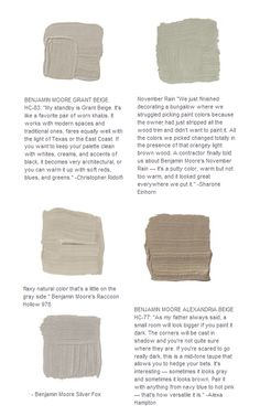 the different shades of gray paint are shown in this page, which includes neutrals and browns