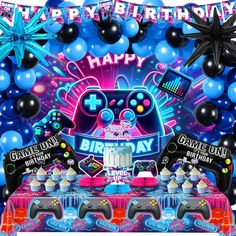 an image of a birthday party with video game decorations and balloons in the background,