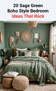 a bedroom with green walls and bedding in the middle, there are pictures on the wall