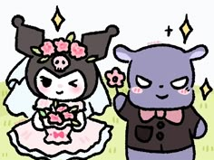 two cartoon characters dressed up as bride and groom with flowers in their hair, standing next to each other