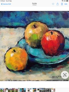 a painting of apples and oranges on a blue plate