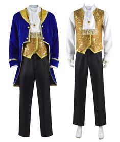 two men's costumes, one in blue and the other in gold