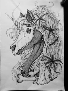 a drawing of a unicorn with long hair and horns on it's head, surrounded by bones