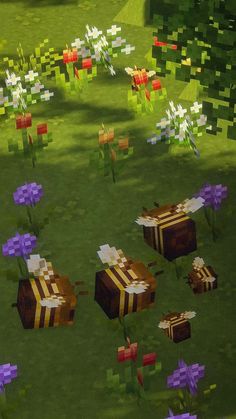 an image of several boxes in the grass with flowers around them and one box on the ground