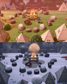 there are two different views of a camp site and the same one has a fire in it