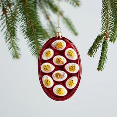 an ornament hanging from a christmas tree with eggs in it's shell