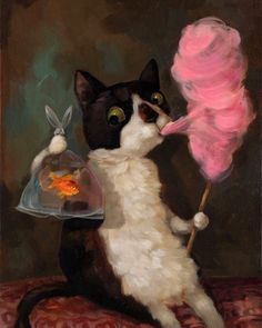 a painting of a black and white cat holding a pink lollipop in it's mouth