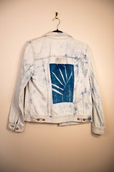 This cyanotype jacket was created by using natural leaves and exposing them to the sun. White bleach faded wash classic fit jacket. Old Navy brand. Acid Wash Cotton Denim Jacket, Fall Bleached Blue Denim Jacket, Acid Wash Bleached Long Sleeve Denim Jacket, Faded Pre-washed Cotton Denim Jacket, Spring Pre-washed Blue Denim Jacket, Blue Bleached Cotton Denim Jacket, White Denim Jacket, Boulder Co, Womens Jackets