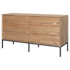 a large wooden dresser with metal legs