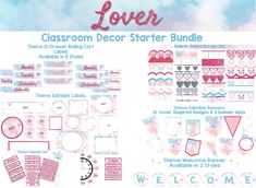 the classroom decor starter bundle is shown in pink and blue, with hearts on it