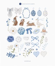 a bunch of blue and white items are arranged in the shape of an egg, flowers, and hearts