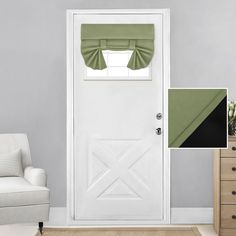 a living room with a white door, green curtains and a chair in front of it