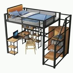 a loft bed with desk and shelves underneath it